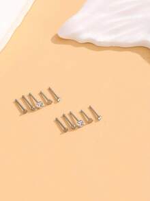 10pcs Multi-Style Cubic Zirconia Stud Nose Rings, Straight & Curved Stainless Steel Nose Piercing Jewelry, Suitable For Women's Daily Wear