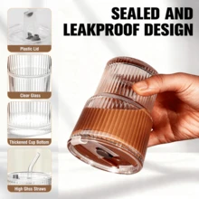 1pc Striped Glass Cup With Straw And Lid - 20.29oz/600ml, Elegant Glass Drinking Cup Suitable For Coffee, Tea, Whiskey, Milk, Iced Americano And Latte - Multicolor - View 9