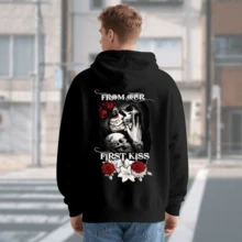 "From First Kiss To Last Breath" Skull Graphic Couple Hoodie ,Couple Hoodies Set Gothic Skull Print Long Sleeve Pullover Sweatshirt Men Women Casual Black Hooded Top For Lovers Valentine's Day - 1pc-男-黑-連帽衛衣 - 查看 8