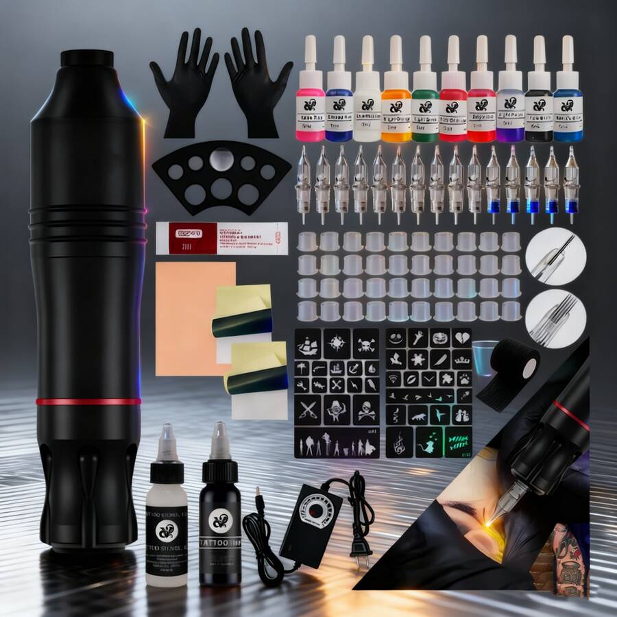 Maquina para Tattoos Kit Completo, Kit para Tattoos Profesional para Tattoos, Tattoo Kit con Fuente de Alimentación y 10 Colores de Pigmentos para Tattoo - Tipo de Enchufe A USA (110-127V) - Ver 1