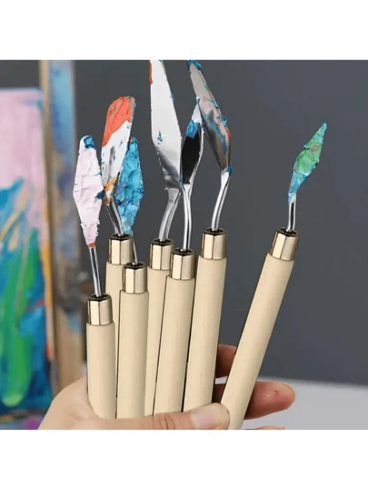 1/7pcs Set Artistic Oil Painting Palette Knives, Wooden Flat Head Stainless Steel Scraper, Oil Acrylic Watercolor Paint Mixing Spatula
