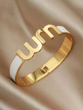 Fashionable Stainless Steel Double M Letter 18K Gold Plated Openable Bangle, Suitable For Women's Daily Wear