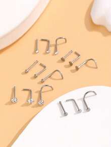 10pcs Multi-Style Cubic Zirconia Stud Nose Rings, Straight & Curved Stainless Steel Nose Piercing Jewelry, Suitable For Women's Daily Wear