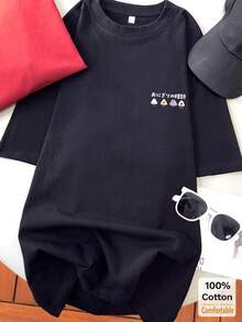 Kaos Lengan Pendek Sedang dengan Motif Grafis, Atasan Kasual Modis untuk Wanita, Warna Hitam, Cocok untuk Musim Panas - Hitam - View 2