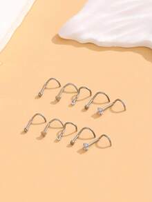 10pcs Multi-Style Cubic Zirconia Stud Nose Rings, Straight & Curved Stainless Steel Nose Piercing Jewelry, Suitable For Women's Daily Wear