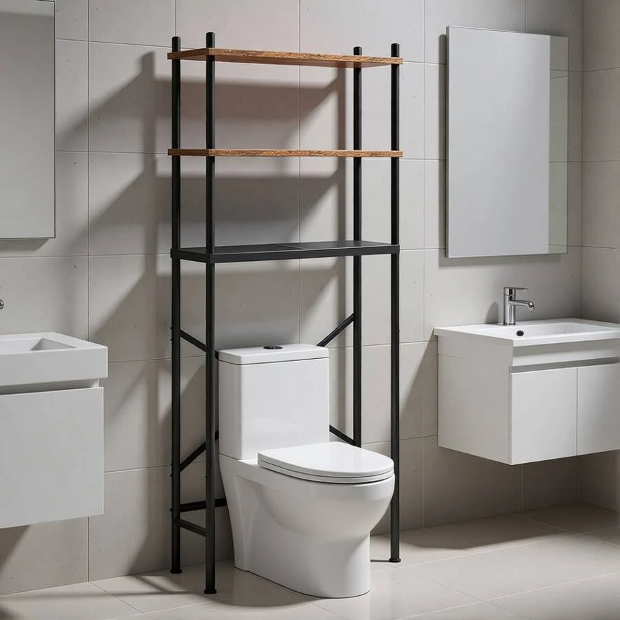 Over Toilet Storage Organizer 3-Tier Freestanding Bathroom Shelf Adjustable Feet Space Saving Unit Easy Assembly - Nâu mộc mạc + Đen - Xem 1