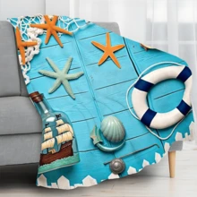 1pc Vintage Ocean Starfish & Lifebuoy Print Flannel Throw Blanket - Soft, Warm, Tear-Resistant, All-Season Cozy Blanket With Starfish Accents And Lifebuoy Design - Ideal For Napping, Camping, Travel, And Home Decor, Perfect Gift For Friends And Family, Light Blue With White Lifesaver Detail, Nautical Decor - As Picture Show - View 4