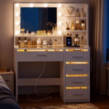 Makeup Vanity Desk With Mirror And Lights, White Vanity With Glass Top, 3 Colors LED Lights & Power Outlet, Vanity With RGB Drawers, Adjustable Lighted Dressing Table For Women & Girls Bedroom - 美規A型插(110-127V) - 查看 7