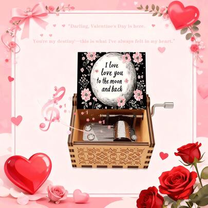 1pc Wooden Music Box With Floral & Moon Pattern, Hand Cranked 8-Note Musical Box, Romantic Gift For Girlfriend, Couples Anniversary, Wife, Best Friend