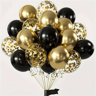 25pcs Black & Gold Glitter Latex Balloon Set, Party Decorations For Wedding, Birthday, Graduation, Anniversary, Retirement, New Year, Valentine's Day, Family Gathering, Indoor/Outdoor Decor, Room Decor, Summer Party