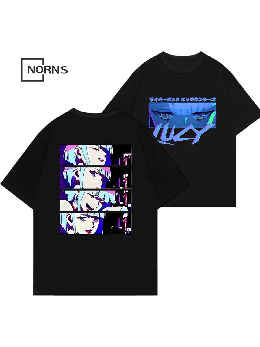 Men's Printed Anime Lucy Streetwear T-Shirt, Unisex, 100% Cotton, Oversized T-Shirt, 2024 - 黑色 - 查看 1