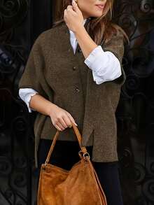 Cardigan tricoté élégant et décontracté pour femmes, de couleur unie, col rond, manches courtes, modèle croisé, style minimaliste chic pour le travail. Ample, tenue de rue pour femmes - Marron - Voir 6