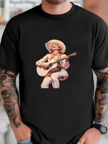 Mens Vintage Winter Cowgirl Playing Guitar In Snowy Rocky Mountains Art Print, Country Music Western Decor, Rustic Americana, Retro Cowgirl Print T-Shirt - Black - View 2