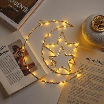 1pc Iron Art Crescent Moon Embracing Double Stars (Indoor Lamp), Ramadan Celebration, Eid Al-Fitr Decoration, Ramadan Ramadan Eid Al-Fitr Decoration Lights, Ramadan Festival Decoration Lights, Eid Al-Fitr Holiday Decoration, Indoor Holiday Decoration Lights, Blessing Lights, Battery Powered (Batteries Not Included)