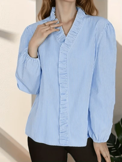 Women's Striped Frill Trim Casual Loose Blouse