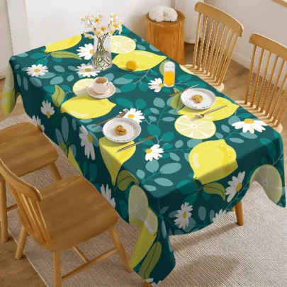 1/20pcs Summer Spring Lemon And Floral Printed Table Cover For Kitchen Dining Farmhouse Tabletop, Soft Polyester Table Cloth For Holiday Party Picnic Dinner, Can Machine Washing