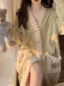 女士长袍，彩虹长袍，新款加大码冬季睡衣，优雅V领睡袍，保暖珊瑚绒长袍，粉绿相间，多色长袍，新款春冬女士家居服，长袖长袍，加厚长款天鹅绒浴袍家居服外套，春冬必备家居服，女士休闲连衣裙，新年礼物，情人节礼物，浴室装饰 - 彩色 - 查看 13