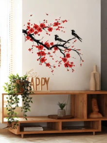 1pc Tree Branch Red Plum Blossom & Bird Wall Sticker, Removable Matte Self-Adhesive Wall Decal For Living Room, Bedroom, Kids Room, Home Decor, Spring Decoration, Rama Wall Sticker Gift, Birthday/Graduation Present - Multicolor - View 1