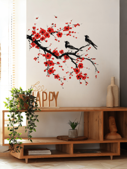 1pc Tree Branch Red Plum Blossom & Bird Wall Sticker, Removable Matte Self-Adhesive Wall Decal For Living Room, Bedroom, Kids Room, Home Decor, Spring Decoration, Rama Wall Sticker Gift, Birthday/Graduation Present