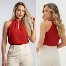 Women's Elegant Tank Top With High Neck, Pearl Detail, And Button Closure - 紅色 - 查看 5