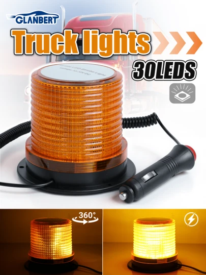 GLANBERT 12V-24V Gul 30 LED blinkande varningslampa, Magnetisk, Lämplig för fordon, gaffeltruckar, traktorer, golfbilar, UTV:er, bilar, bussar