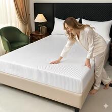 1套缎面纯色床笠3件套，现代简约风格涤纶条纹面料，亲肤柔软，适用于酒店、旅馆、家庭、宿舍等。 - 白色 - 查看 2