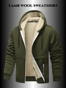 1pc Men's Long Sleeve Sherpa Lined Zip-Up Hoodie Jacket, Thick Casual Fleece Jacket, For Fall Winter - Army Green - View 5