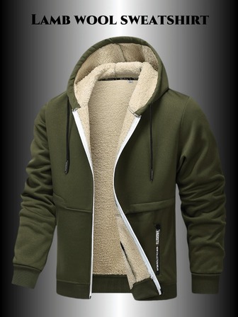 1pc Men's Long Sleeve Sherpa Lined Zip-Up Hoodie Jacket, Thick Casual Fleece Jacket, For Fall Winter