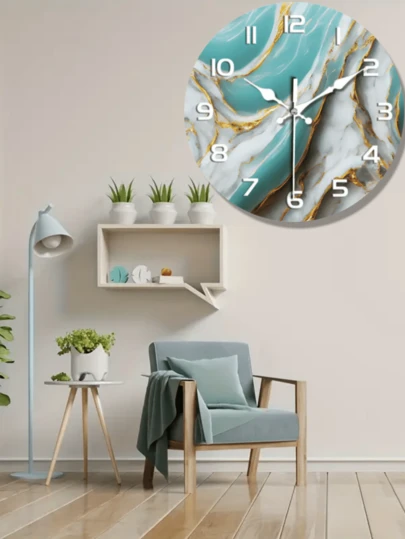 10-12 Inch Luxury Marble Texture Wooden Wall Clock - Silent, Battery Powered, Blue-Green & White Marble Pattern With Gold Accents - Perfect For Living Room, Bedroom, Kitchen, Office Decor - Fashionable Holiday Or Birthday Gift, Living Room Wall Clock