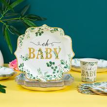 White Base Green Leaf "Oh Baby" Petal Shaped Disposable Plates, Napkins, Cups - One-Time Party Supplies Set, Fits 25 Guests, Disposable Paper Plates Party Tableware Suitable For Birthday, Wedding, Theme Party, Family Picnic - Multicolor - View 3