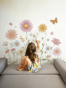 1pc Watercolor Floral Wall Sticker, Removable Matte Self-Adhesive Wall Decal For Living Room, Bedroom, Kids Room, Home Decor, Butterfly Wallpaper, Spring Decoration, Gift For Birthday, Graduation - Multicolor - View 5