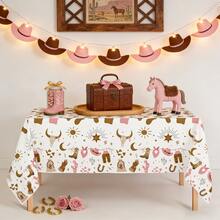Western Cowboy Tablecloth - Rustic Boho Pink & Brown Table Cover With Bull Skull, Cowboy Boots & Western Motifs - Decorative Tablecloth For Cowboy Party Supplies, Birthday, Picnic, Indoor/Outdoor Dining - Fits Most Rectangular Tables - Multicolor - View 1