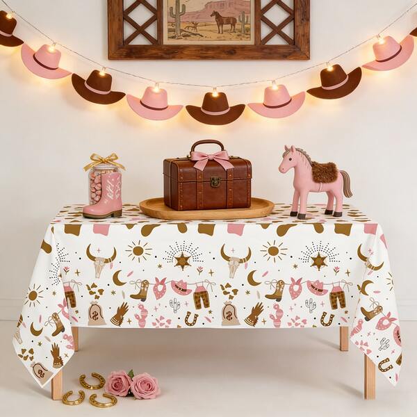 Mantel de estilo vaquero occidental - Mantel rústico bohemio rosa y marrón con calavera de toro, botas de vaquero y motivos occidentales - Mantel decorativo para suministros de fiesta vaquera, cumpleaños, picnic, comidas interiores/exteriores - Se ajusta a la mayoría de las mesas rectangulares