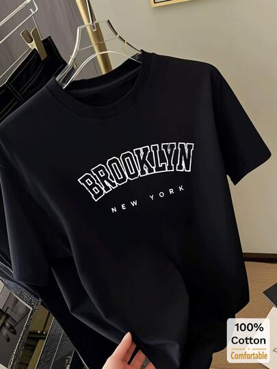 Cotton Letter Graphic Short Sleeve Midi T-Shirt, Stylish Casual Top For Women