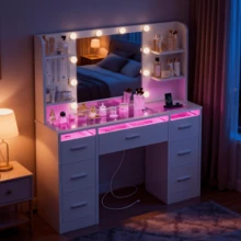 Makeup Vanity Desk With Mirror And Lights, White Vanity With Glass Top, 3 Colors LED Lights & Power Outlet, Vanity With RGB Drawers, Adjustable Lighted Dressing Table For Women & Girls Bedroom - 美規A型插(110-127V) - 查看 2