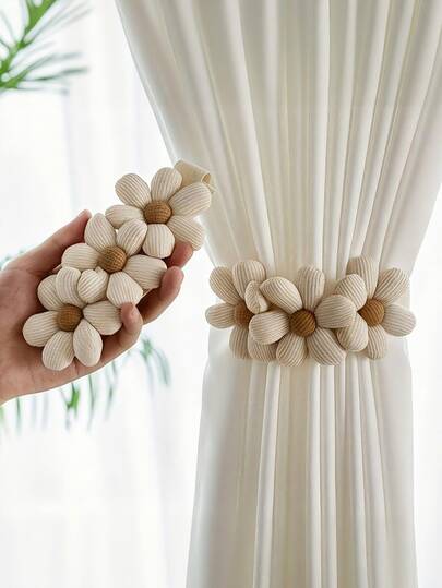 3-pack bohemiska blommiga gardinknytband, krämvita och beige prästkragemönster, med robusta dolda krokar för enkel installation, snygga, lämpliga för sovrums- och vardagsrumsgardiner, gardintillbehör, bohemisk stil, polyestermaterial, vardagsrumsgardiner