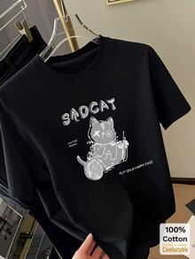 Cartoon Pattern Short Sleeve Mid-Length Cotton T-Shirt For Women, Fashionable Casual Top - Black - View 1