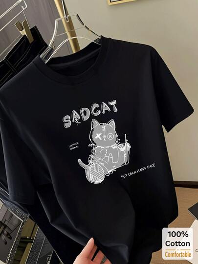 Cartoon Pattern Short Sleeve Mid-Length Cotton T-Shirt For Women, Fashionable Casual Top