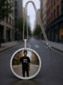 Customized Large Round Frame Photo Pendant Necklace, Brass & Zirconia Sparkling, DIY Photo, Hip Hop Daily Wear Jewelry, With 50cm Twisted Chain Gift, Silver, Stylish, Colorful, Vintage, Simple, Unisex, Casual, Cuties, Custom, Personalized, Unique, Ideal Gifts For Him, Middle School Students, High School Senior High School Students, College Students, University Students, Freshman, Sophomore, Underclassmen,Chic Autumn - 彩色 - 查看 8