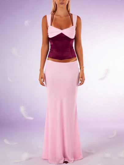 Women Elegant 2-Piece Set Aesthetic Low Cut Contrast Colors Tie Up Back Ruched Cami Tank Tops And Long Skirt Set Summer Y2k Club Party Outfits