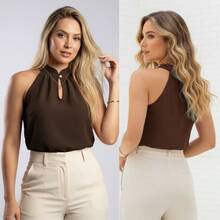 Women's Elegant Tank Top With High Neck, Pearl Detail, And Button Closure - 鏽棕色 - 查看 3