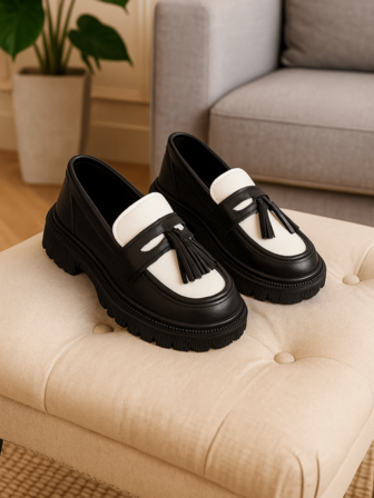 1 par svarta moderiktiga slip-on flickloafers och oxfordskor med fransar, gummimjuk sula, ökad höjd, enfärgade tonårsskor med mellanhög klack, mjuka PU-läder, lapptäcke, eleganta prinsess-små läderskor, lämpliga för flickor 3-15 år gamla, dagligt, skola, helgdag, tillbaka till skolan, föreställning, fest, utomhuskläder, vår/sommar 2026 ny modell