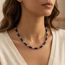 Natural Stone Black Bamboo Knot Necklace, Minimalist Design, Unique Beaded Necklace, Fade-Resistant, Perfect Gift For Festivals, Vacations, Concerts - 1pc - View 1