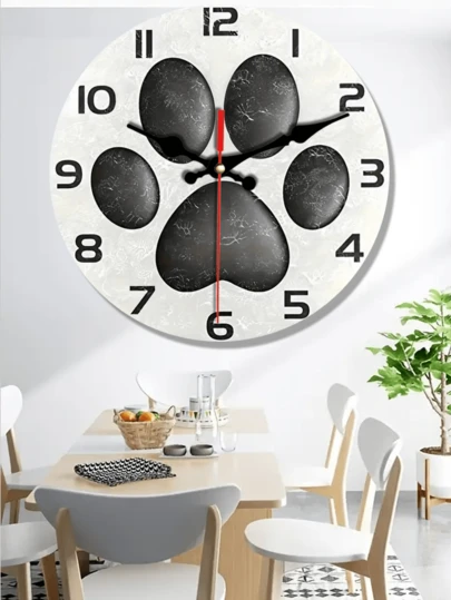 1 pieza Reloj de pared de madera silencioso de 10"/12", diseño de huella de pata de perro negra - Reloj decorativo redondo con pilas, adecuado para el hogar, la oficina o la escuela - Opción de regalo única, reloj de pared para la sala de estar