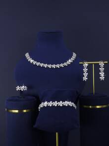 5pcs Luxury Royal Style Floral Design Bridal Wedding Jewelry Set, Handset White Cubic Zirconia, Including Necklace, Bracelet, Earrings, Ring, Suitable For Daily Wedding Wear, Wedding Anniversary Gift (Comes In Gold Gift Box) - Flower Bridal Set - View 13