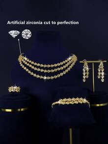 5pcs 18K Gold Plated Luxury Bridal Wedding Jewelry Set, Handcrafted With White Cubic Zirconia, Including Necklace, Bracelet, Earrings, Ring, Suitable For Daily Wear And Wedding Ceremony, Wedding Anniversary Gift (Gold Gift Box) - Multi-layered Bridal Set - View 4