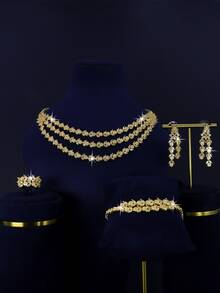 5pcs 18K Gold Plated Luxury Bridal Wedding Jewelry Set, Handcrafted With White Cubic Zirconia, Including Necklace, Bracelet, Earrings, Ring, Suitable For Daily Wear And Wedding Ceremony, Wedding Anniversary Gift (Gold Gift Box) - Multi-layered Bridal Set - View 10