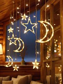 Moon & Star String Lights, Holiday Star & Moon String Lights, Warm White Lights, Suitable For Christmas, Wedding, Party, Home, Patio, Lawn, Room Decor, Etc. - 彩色 - 查看 1