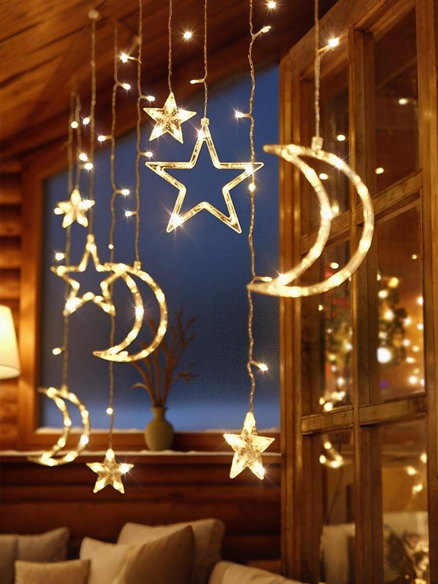 Moon & Star String Lights, Holiday Star & Moon String Lights, Warm White Lights, Suitable For Christmas, Wedding, Party, Home, Patio, Lawn, Room Decor, Etc. - 彩色 - 查看 1