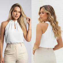 Women's Elegant Tank Top With High Neck, Pearl Detail, And Button Closure - White - View 5